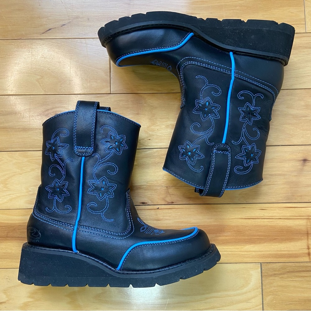 Youth Roper Cowboy Boots Sz 6.5 Black Blue Leather Western Pull On